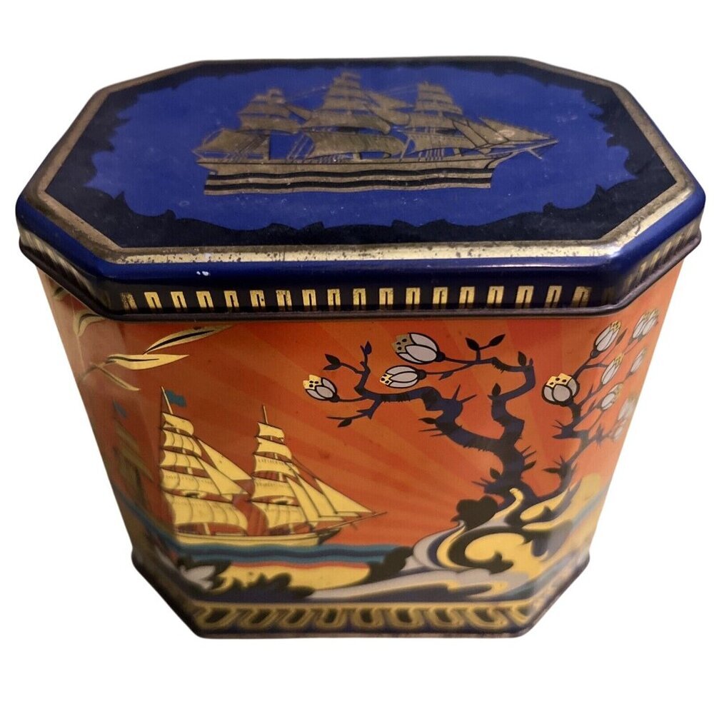 1960s Chinoiserie Tin - Ships with Blossoms Orange / Blue Octagonal Hinged Lid